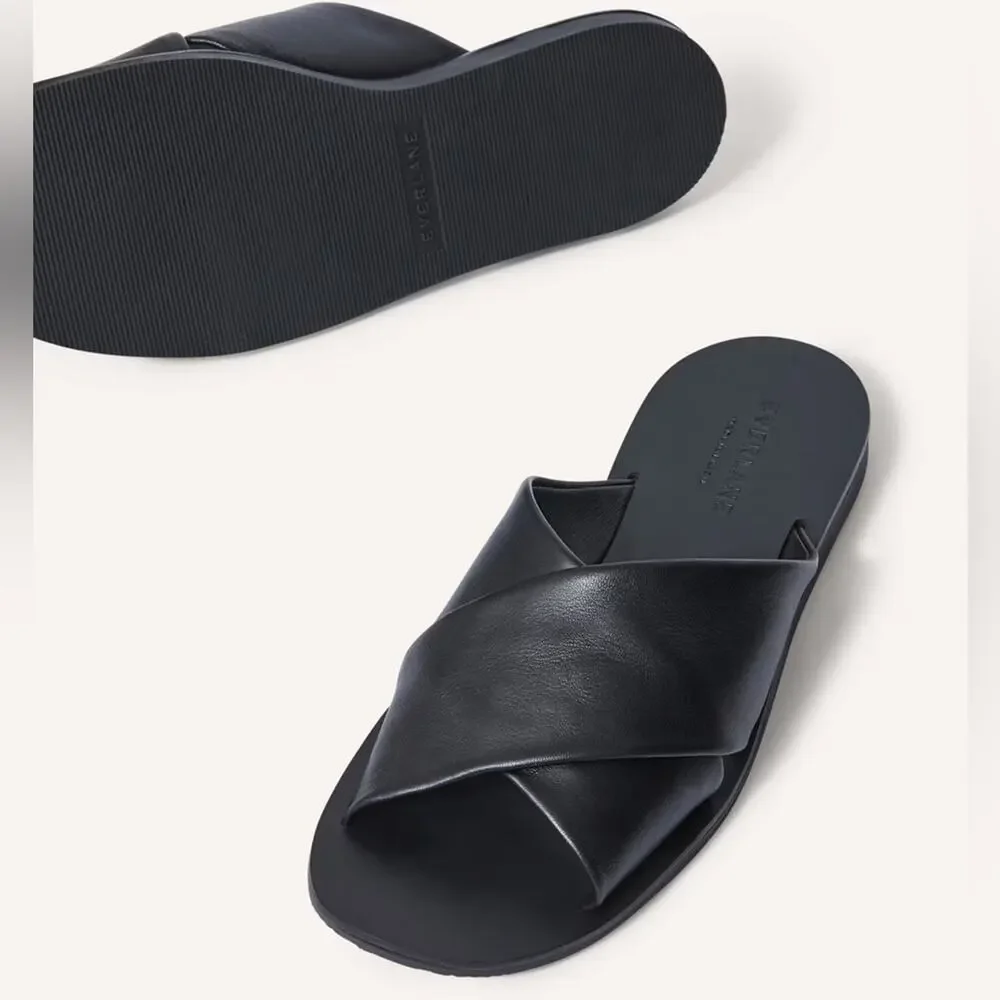 Everlane Day Crossover Sandal Black Leather Flat Slide Size 11 New Comfortable - Picture 2 of 7